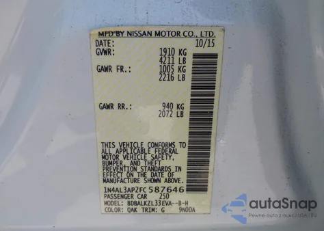 2015 Nissan Altima 2.5 Sv from USA, damaged, VIN 1N4AL3AP2FC587646